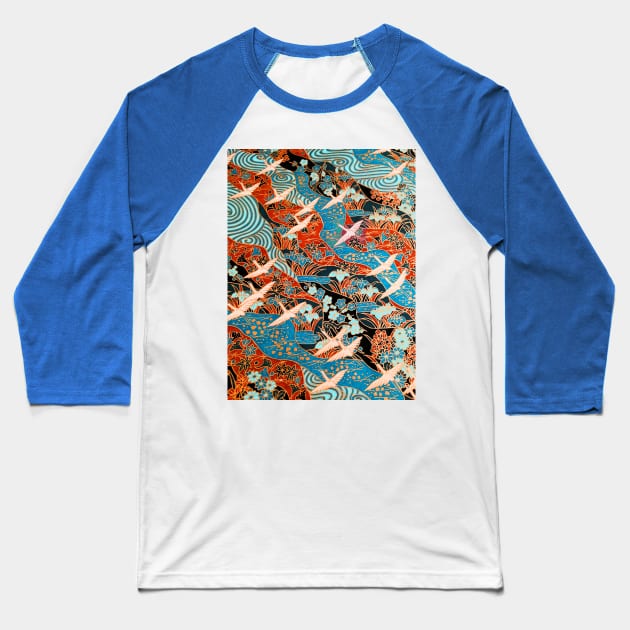 FLYING WHITE CRANES ON BLUE WATERS AND SPRING FLOWERS Red Teal Japanese Floral Baseball T-Shirt by BulganLumini